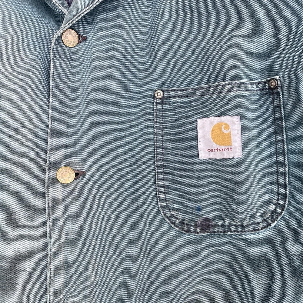 Vintage 80s 90s Carhartt Barn Jacket Coat L/XL Distressed Teal Green Made In USA - Picture 6 of 11